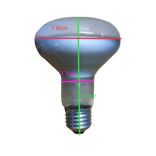 A clear glass incandescent light bulb with a silver screw base, overlaid with red, pink, green, and blue measurement lines and labels showing dimensions of 7.8 cm, 3.