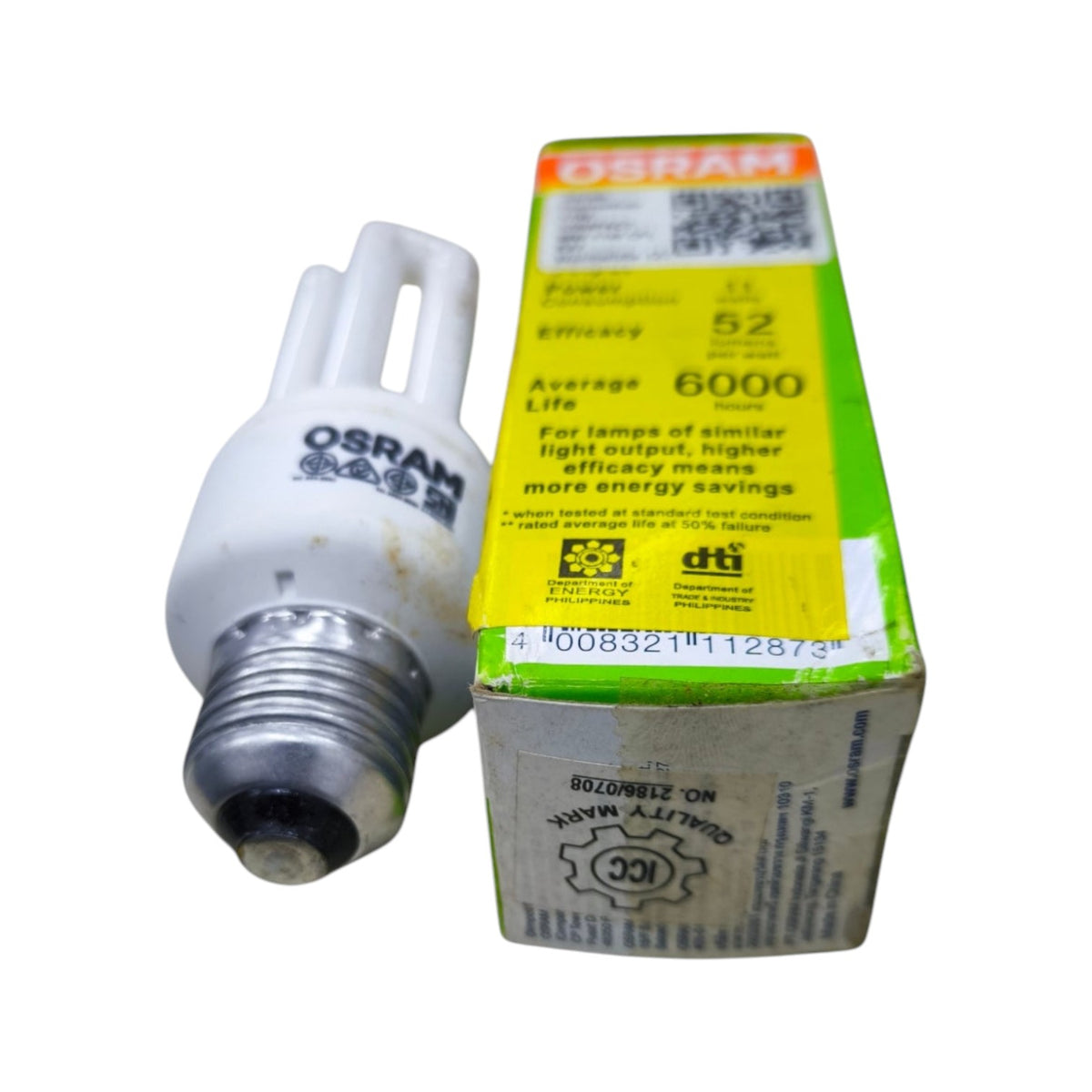 An OSRAM compact fluorescent light bulb next to its yellow and green retail packaging box, displayed on a clean white background.