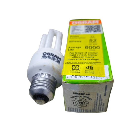 An OSRAM compact fluorescent light bulb next to its original green and yellow packaging box, shown on a plain white background.