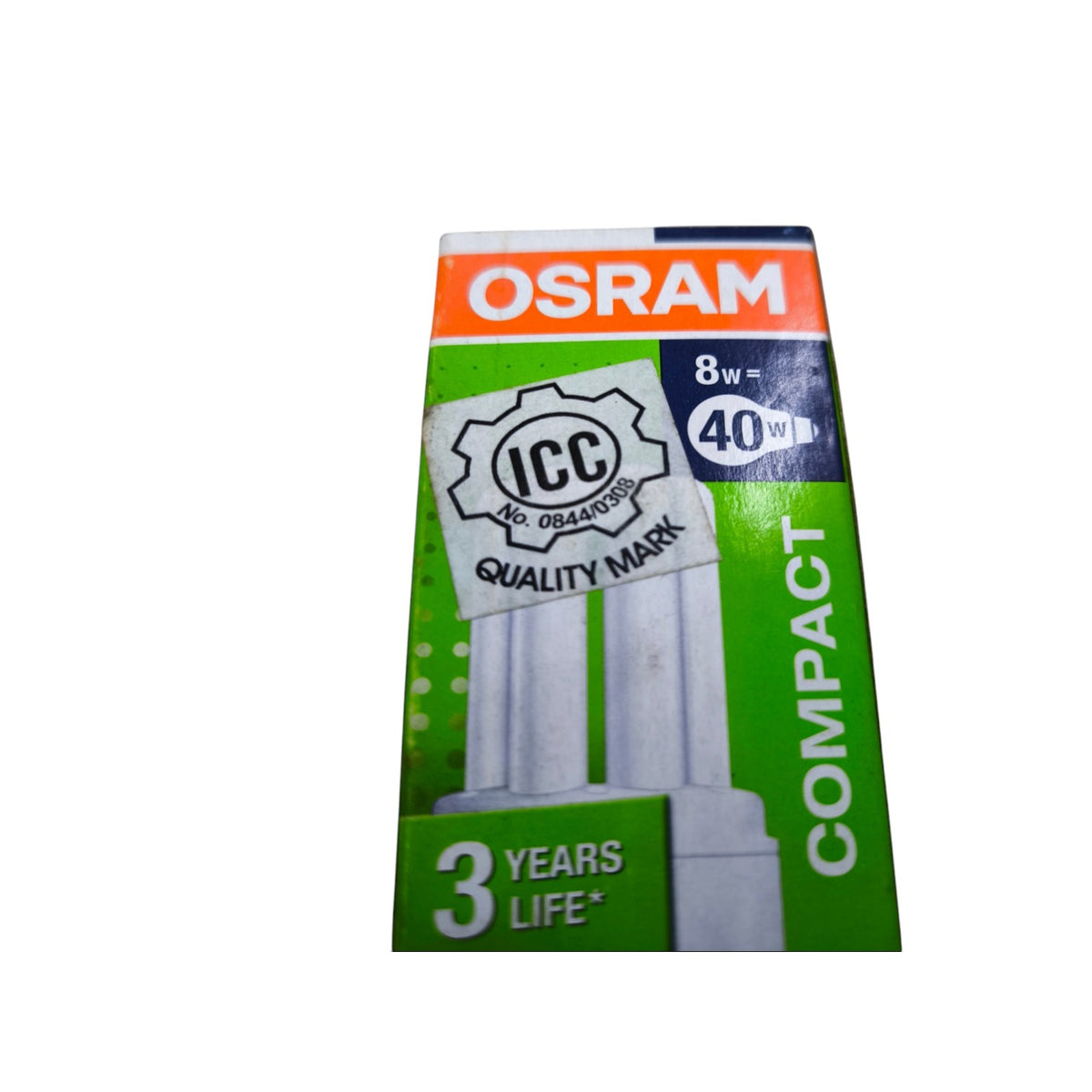 OSRAM Compact fluorescent light bulb packaging, 40W equivalent, 8W actual, showing a green and orange box with an ICC Quality Mark badge.