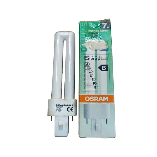 A U-shaped CFL light bulb next to its green and orange OSRAM retail box on a plain white background.