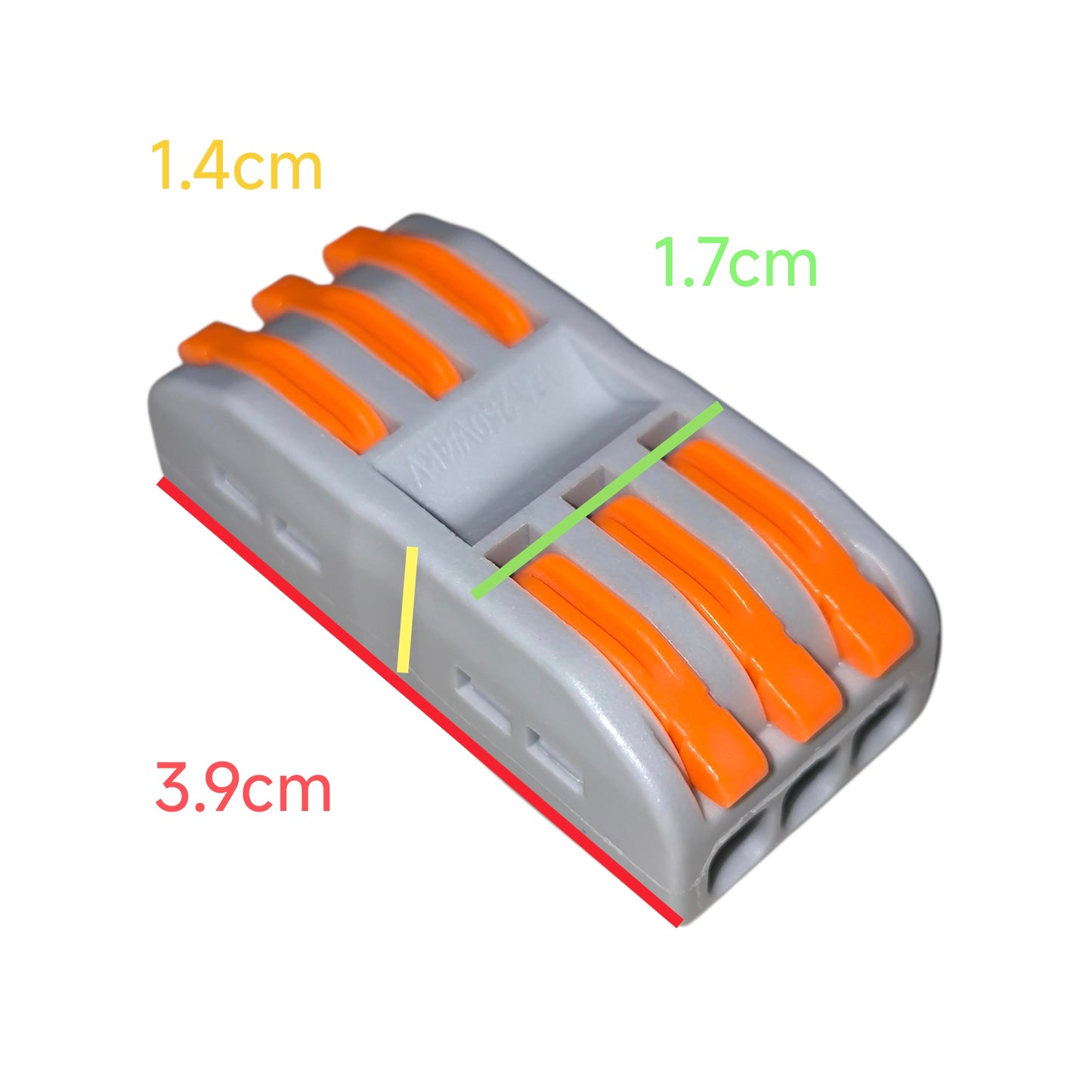 Close-up of a gray and orange electrical connector with measurements indicated.