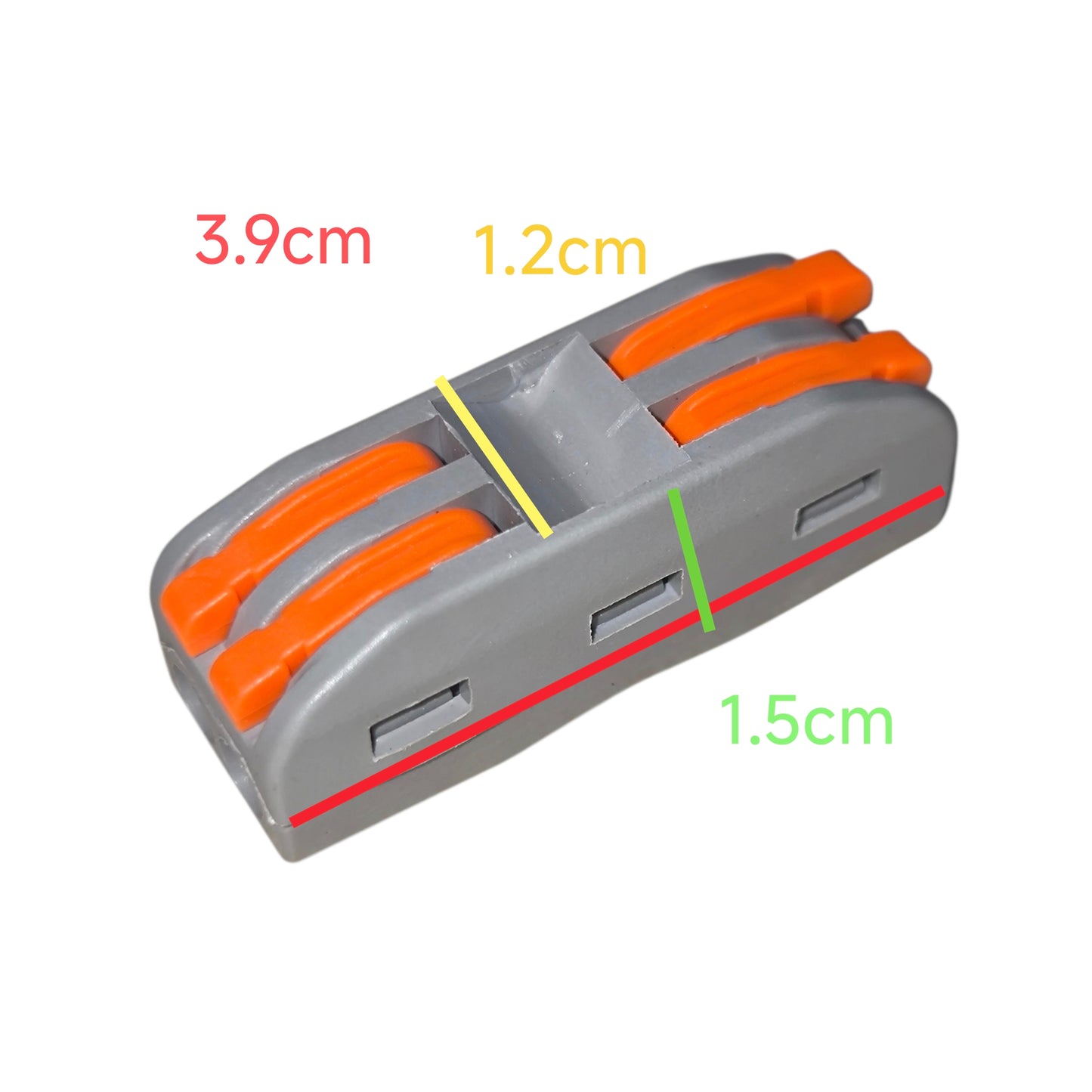 Compact tool with orange and gray design, showing measurements on a white background