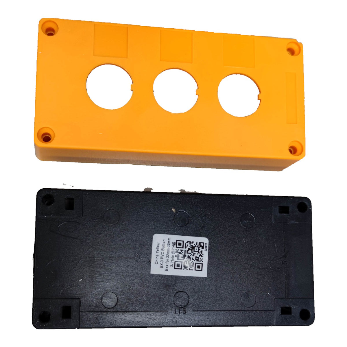 Two rectangular plastic components shown on a white background: an orange top cover with three circular cutouts and four corner screw holes, and a black bottom cover with a white QR code label in the center.