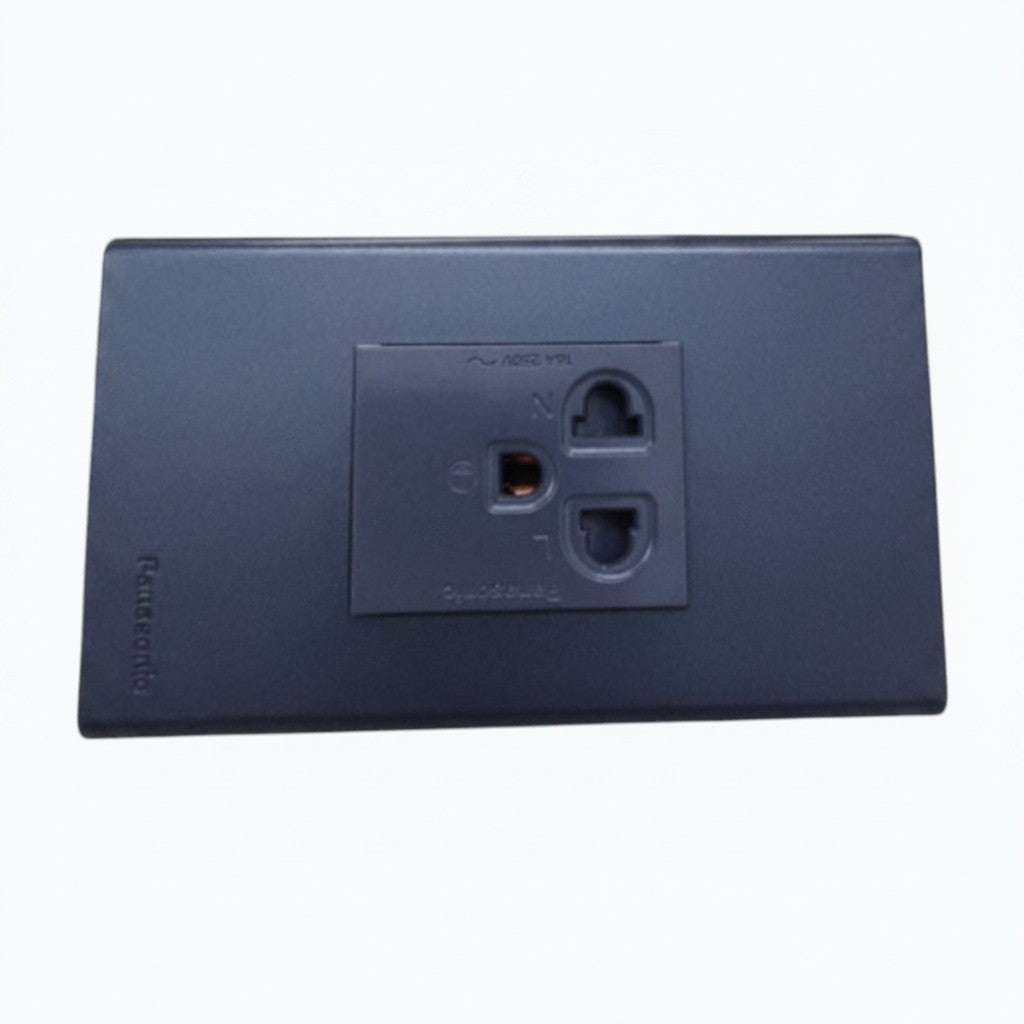 Panasonic 1-Gang Grounding Universal Outlet with Safety Shutter 16A, 250V AC Gray with Metallic Black Plate