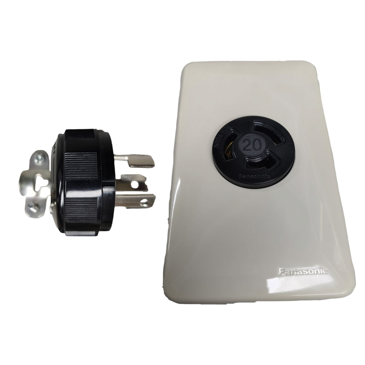 Panasonic 20A wall outlet panel with a black 3-prong plug adapter, shown on a clean white background.