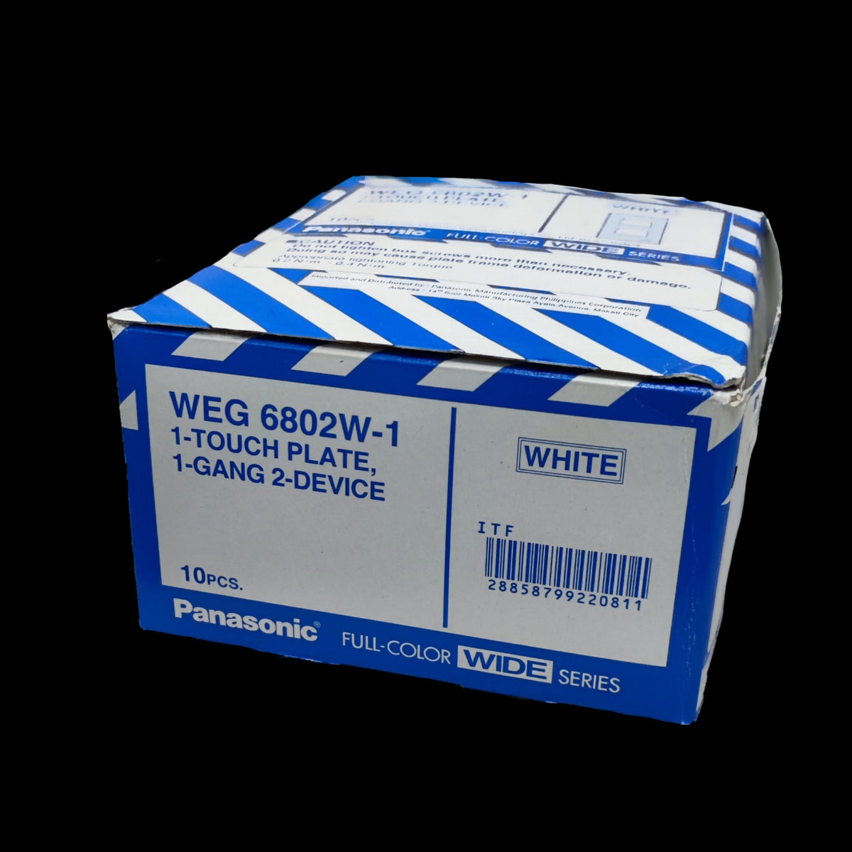 Box of Panasonic 2 gang plate wide series white 1 touch 1 gang 2 device model WEG 6802W 10pcs packaging