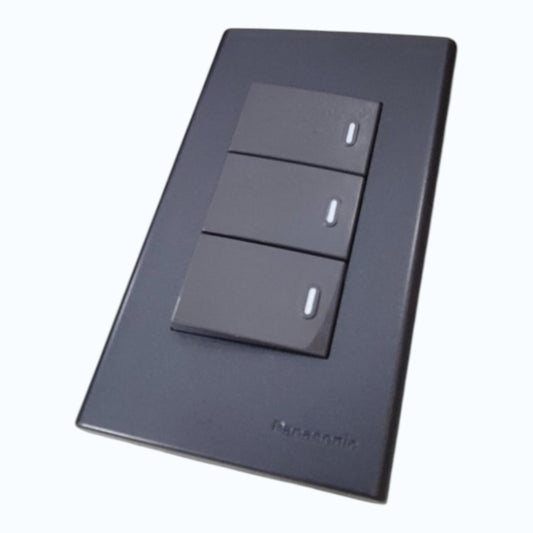 Panasonic 3-Gang 1 Way Swiitch Gray 16A 250V with Wide Color Refina Series Metallic Black Plate Cover WEG6803MB-1/3XWEG5001HK-5
