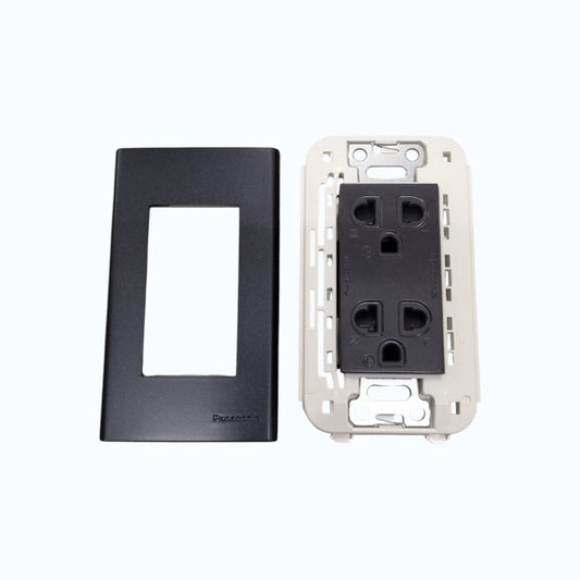 Panasonic Duplex Universal Outlet 16A 250V with Safety Shutter and Wide Color Refina Series Metallic Black Plate Cover WEG6803MB-1/WEG15829H-5