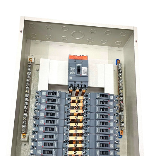 An open electrical distribution panel showing multiple circuit breakers, terminal blocks, and internal components against a plain white background.