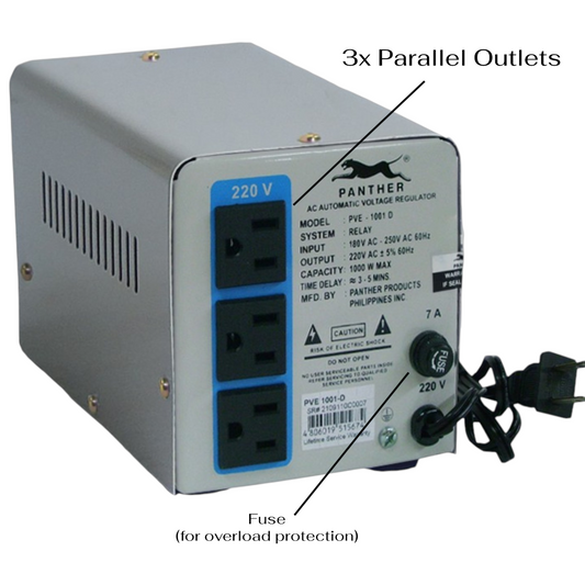 Panther PVE 1001-D 220V AC Automatic Voltage Regulator with three parallel outlets and a power cord, shown with callout lines indicating the outlets and fuse.