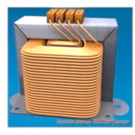 A square-shaped electronic transformer with a golden-orange coiled wire core, a gray metal frame, and four orange terminal blocks on top, set against a solid blue background.
