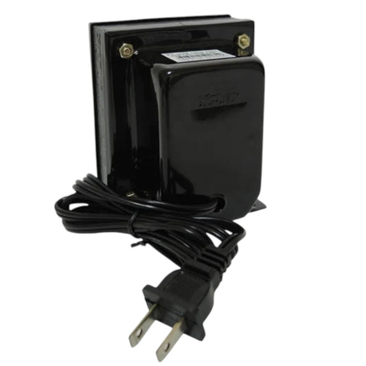 A black electrical transformer or power adapter with a coiled black power cord and a two-prong US plug, shown against a plain white background.