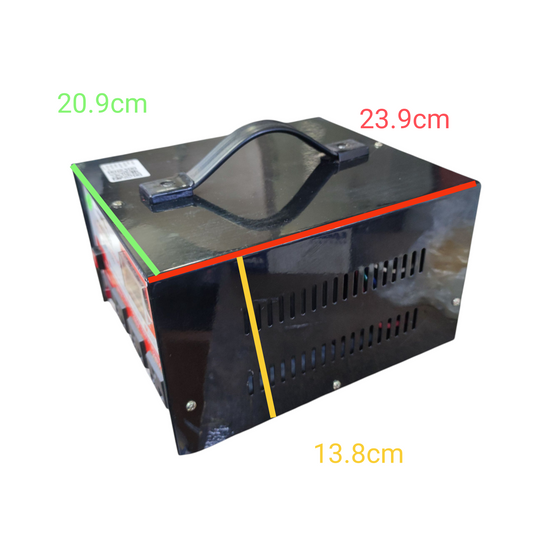 Black battery with measurements labeled on a white background Panther 1500W Automatic Voltage Regulator PVR-1500 Input 220V Output 100V 110V 220V Electx Electrical Supply