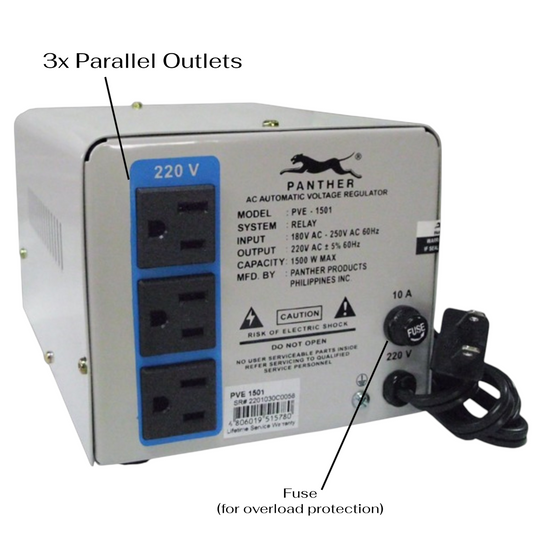 Panther PVE-1501 AC Automatic Voltage Regulator with a silver metal casing, blue front panel details, and a black power cord on a white background.