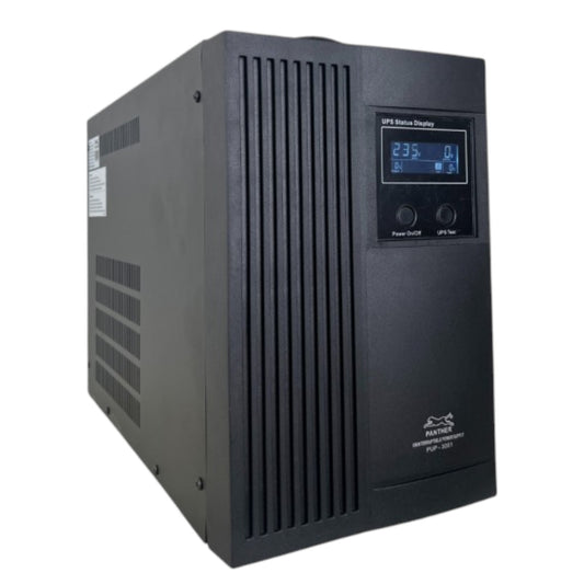 A black UPS (Uninterruptible Power Supply) inverter cabinet with a digital status display on the front panel, photographed against a plain white background.