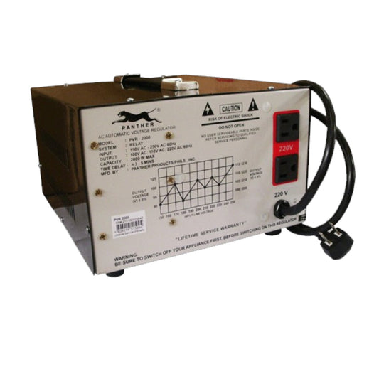 Panther 2000 AC Automatic Voltage Regulator (AVR) control box with a brown metal casing, white printed control panel, and black power cords, shown on a white background.