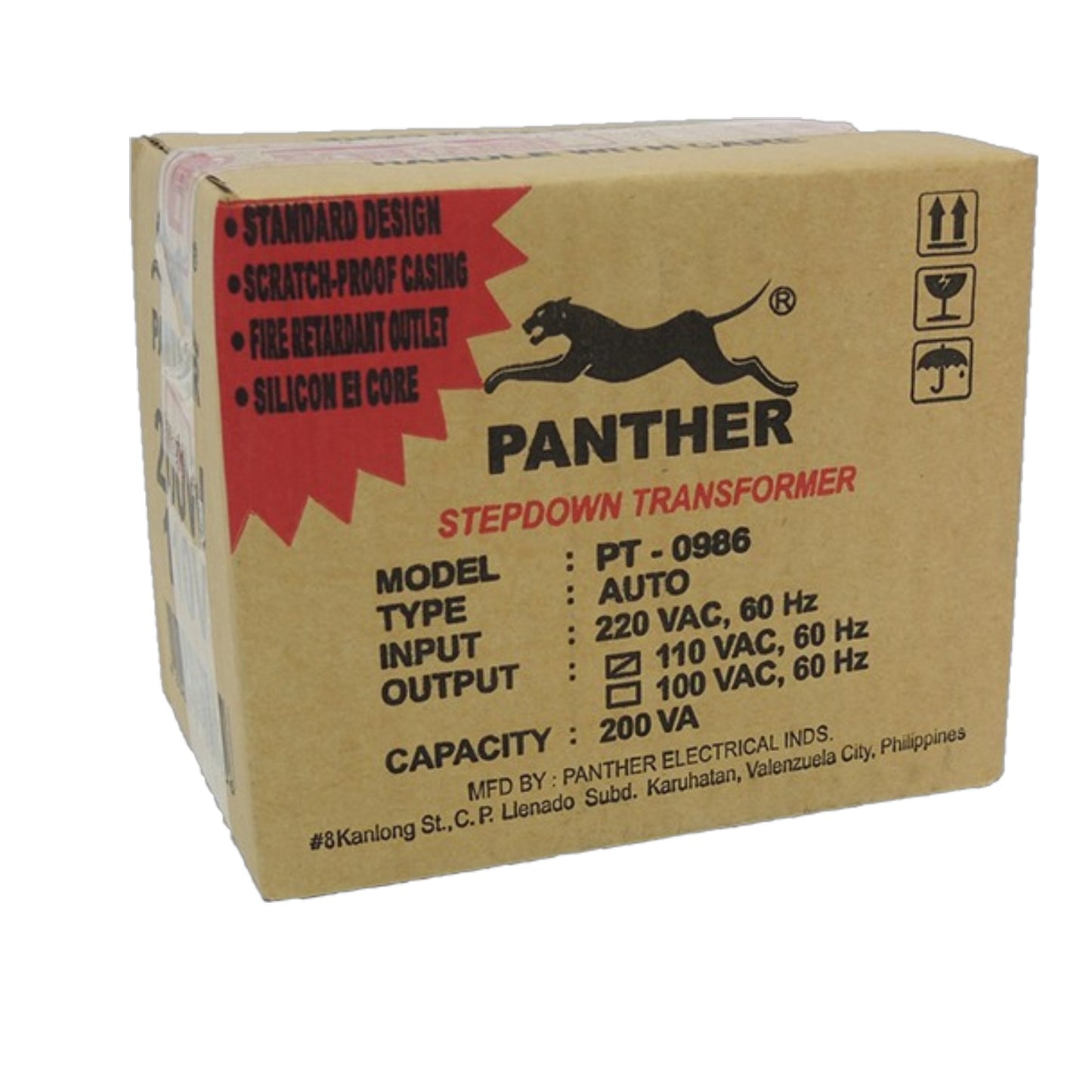A brown cardboard box for a Panther stepdown transformer, featuring a red burst on the left side with black text and a black panther logo, on a white background.