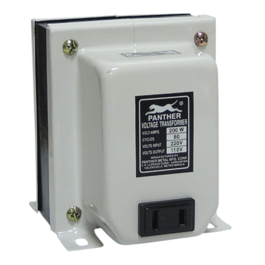 A Panther brand voltage transformer with a white metal casing, black mounting brackets, and a black power outlet on the front face, shown against a plain white background.