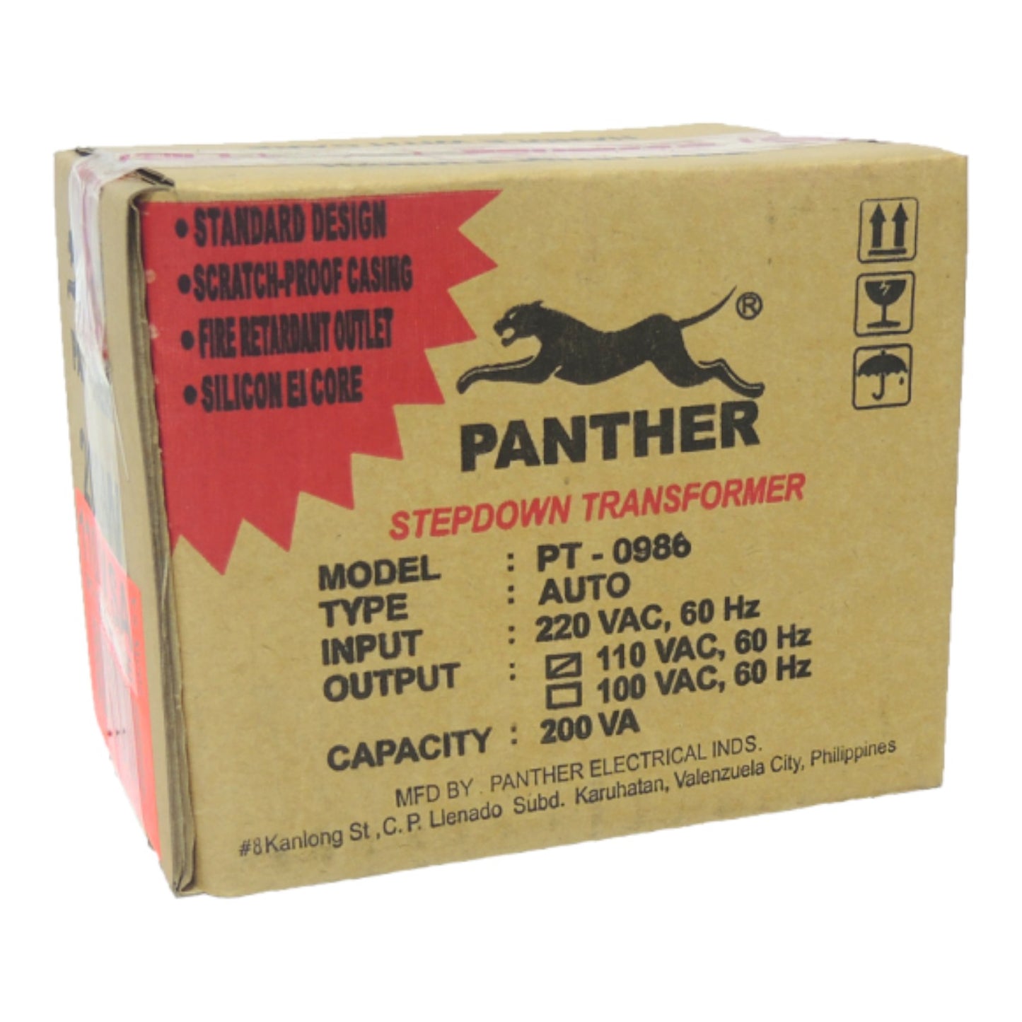 Panther Stepdown Transformer PT-0986 product box in brown kraft paper with red and black printed details, photographed on a white background.