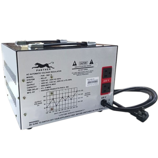 A Panther brand AC Automatic Voltage Regulator (AVR) unit, model PWR-3000D, shown on a white background. The unit is silver with a black handle on top, a red power outlet panel on the side, and a black power cord extending to the right.