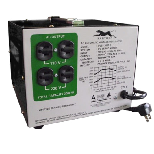 Panther brand automatic voltage regulator power supply with AC output ports, technical specifications printed on the front, and attached power cords, photographed on a plain white background.