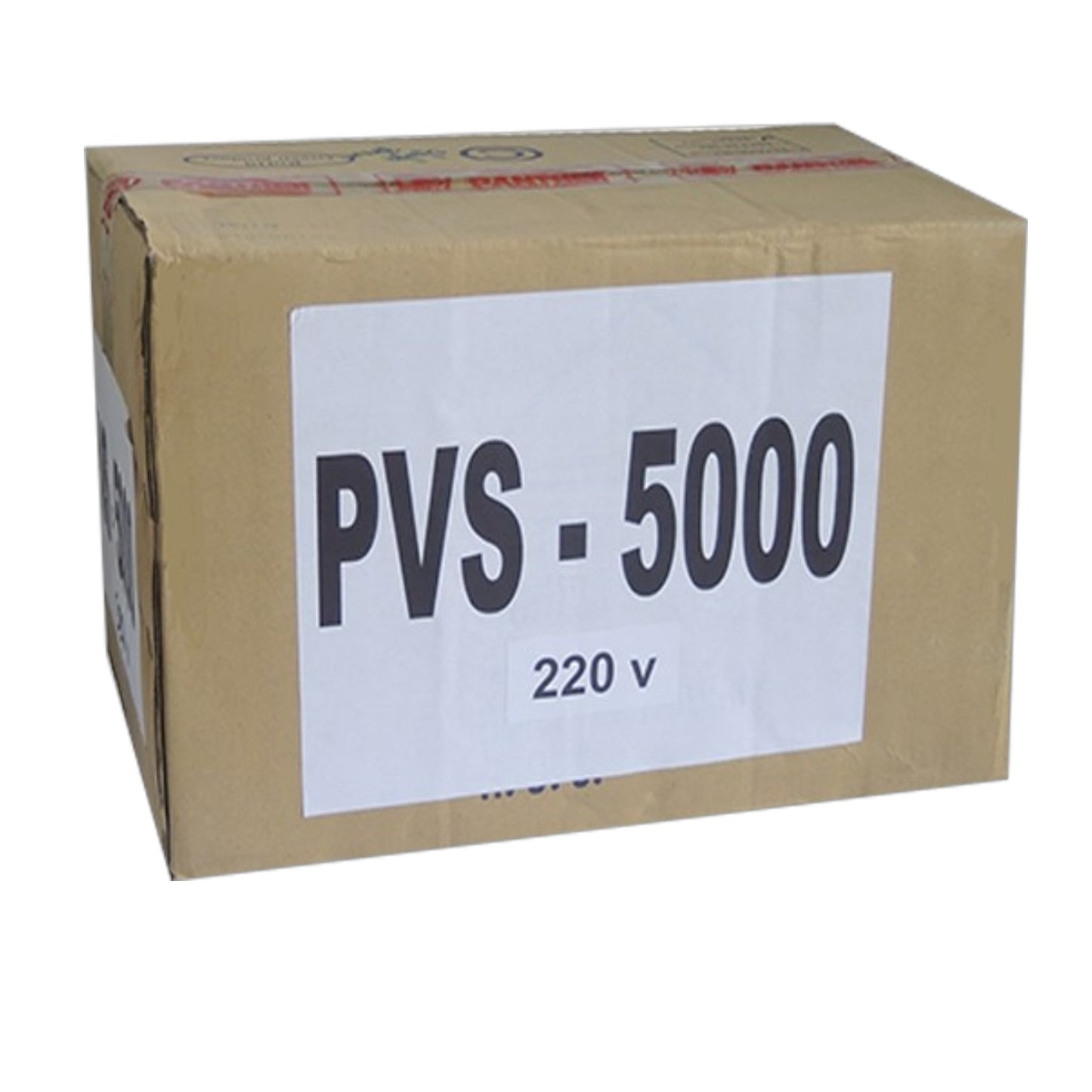 A brown cardboard shipping box with a large white label on the front reading 'PVS - 5000' and '220 v' in black text.