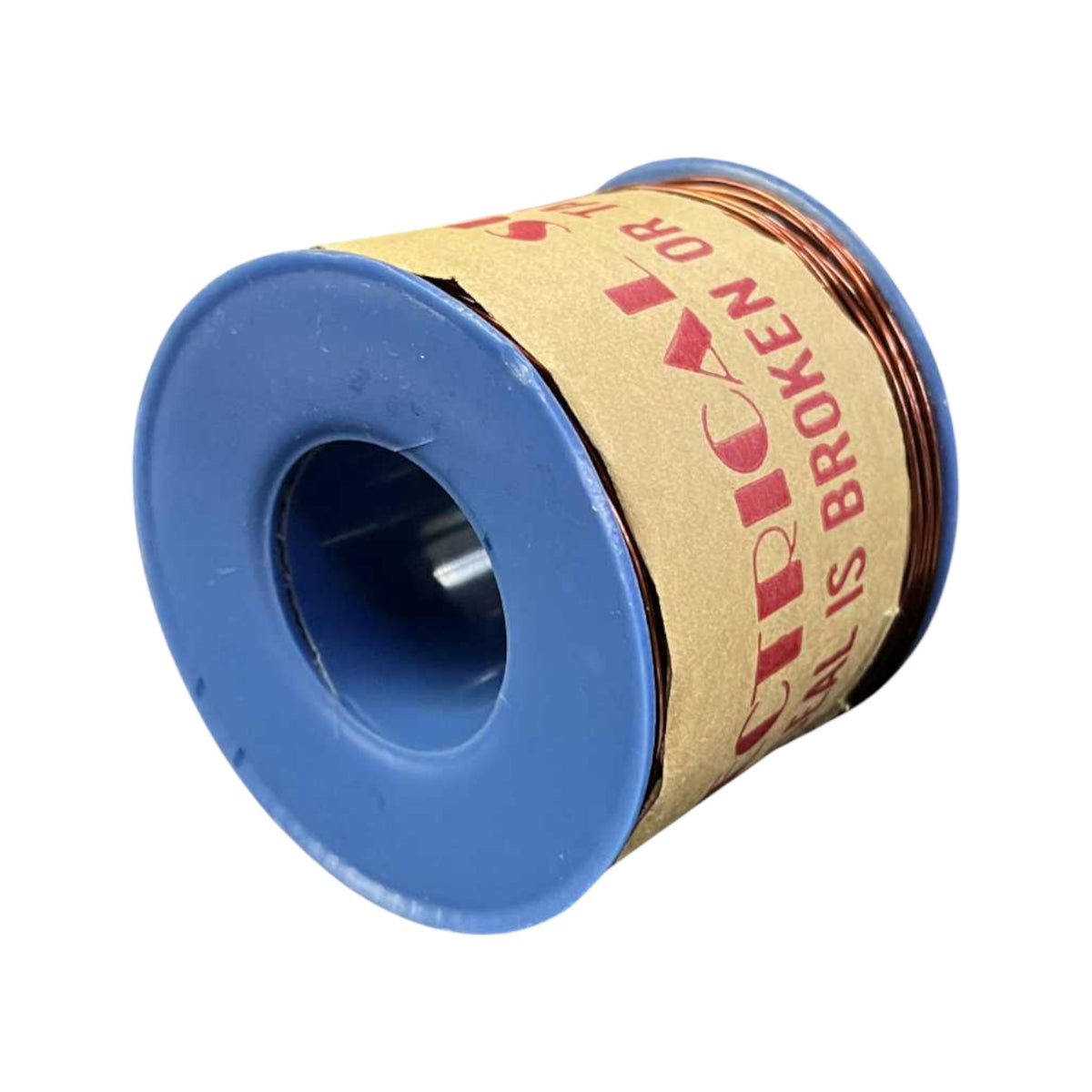 Spool of wire with a label on a white background