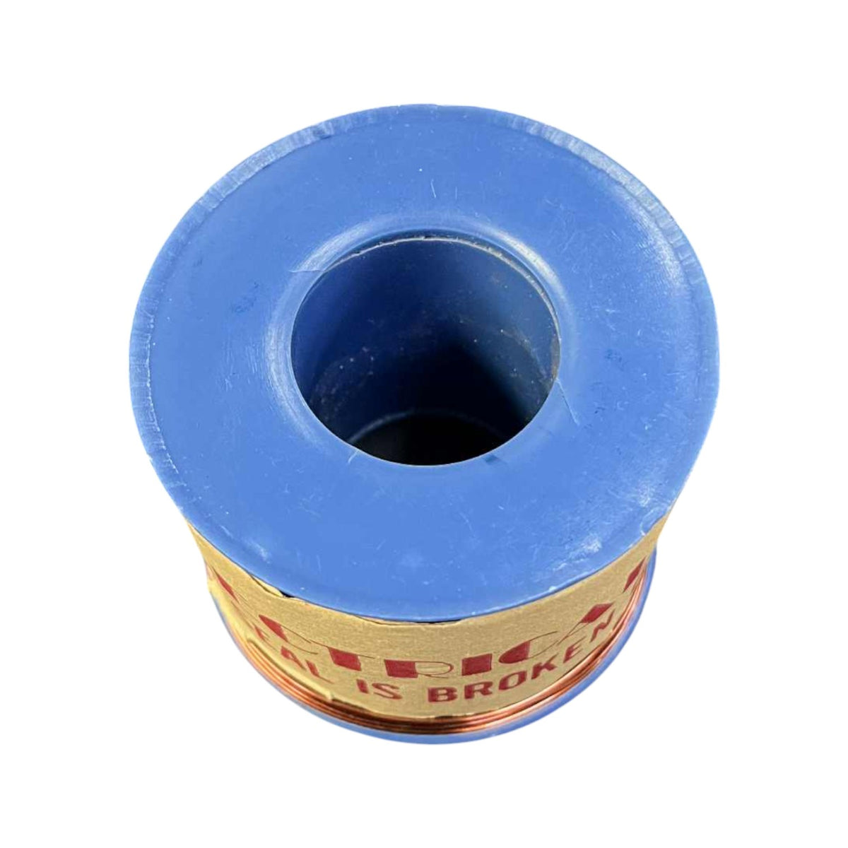 Blue spool of wire with a label on a white background