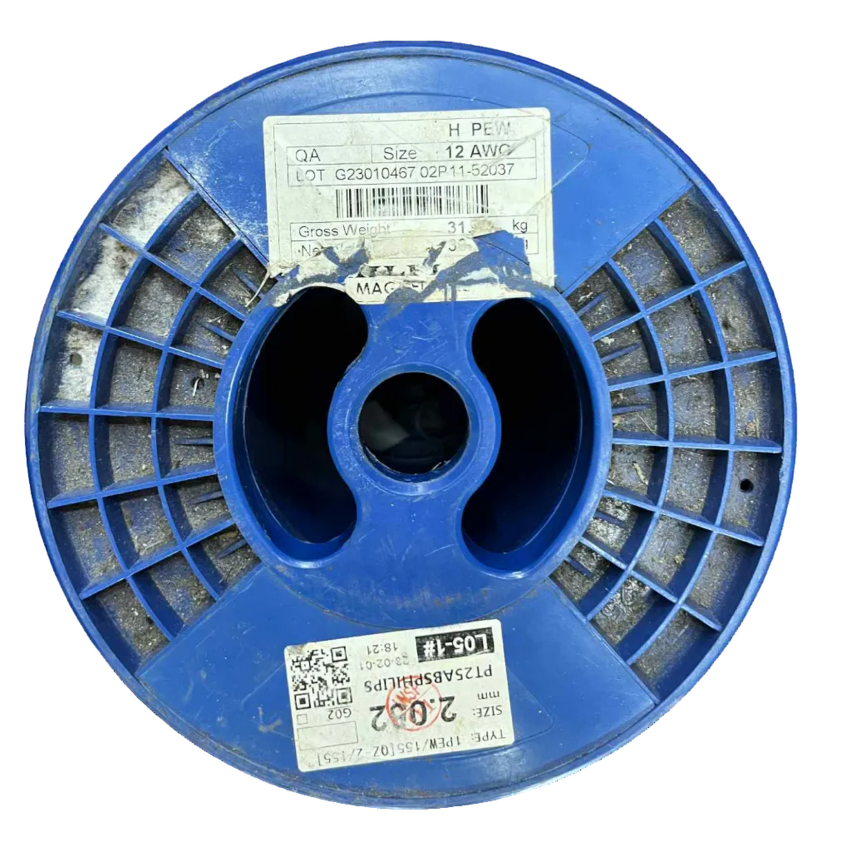 Blue spool of thread with labels on a white background