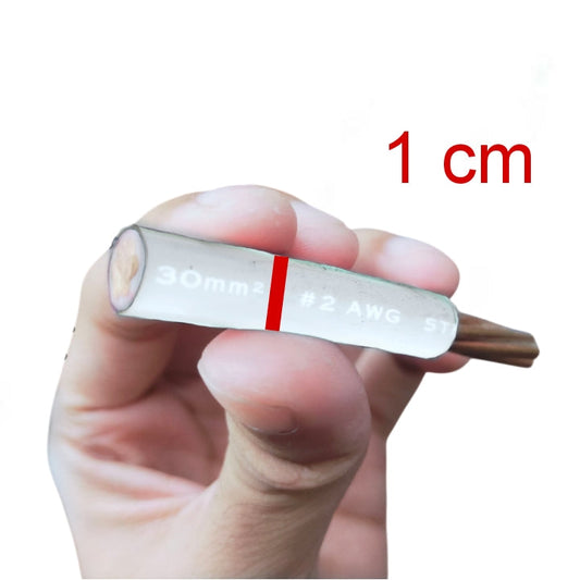A hand holding a small copper wire strip labeled '30mm² #2 AWG ST' with a red center line and '1 cm' text above, on a white background.