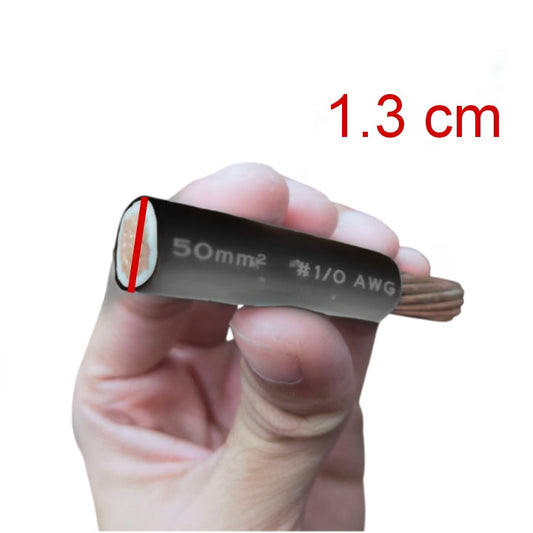 A hand holding a black electrical wire cable with a red measurement overlay indicating 1.3 cm, and white text on the cable showing '50mm² #1/O AWG'.