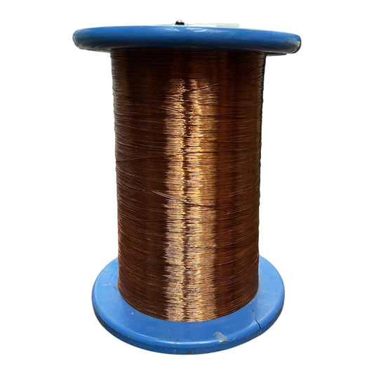 Spool of copper wire on a blue plastic reel against a white background