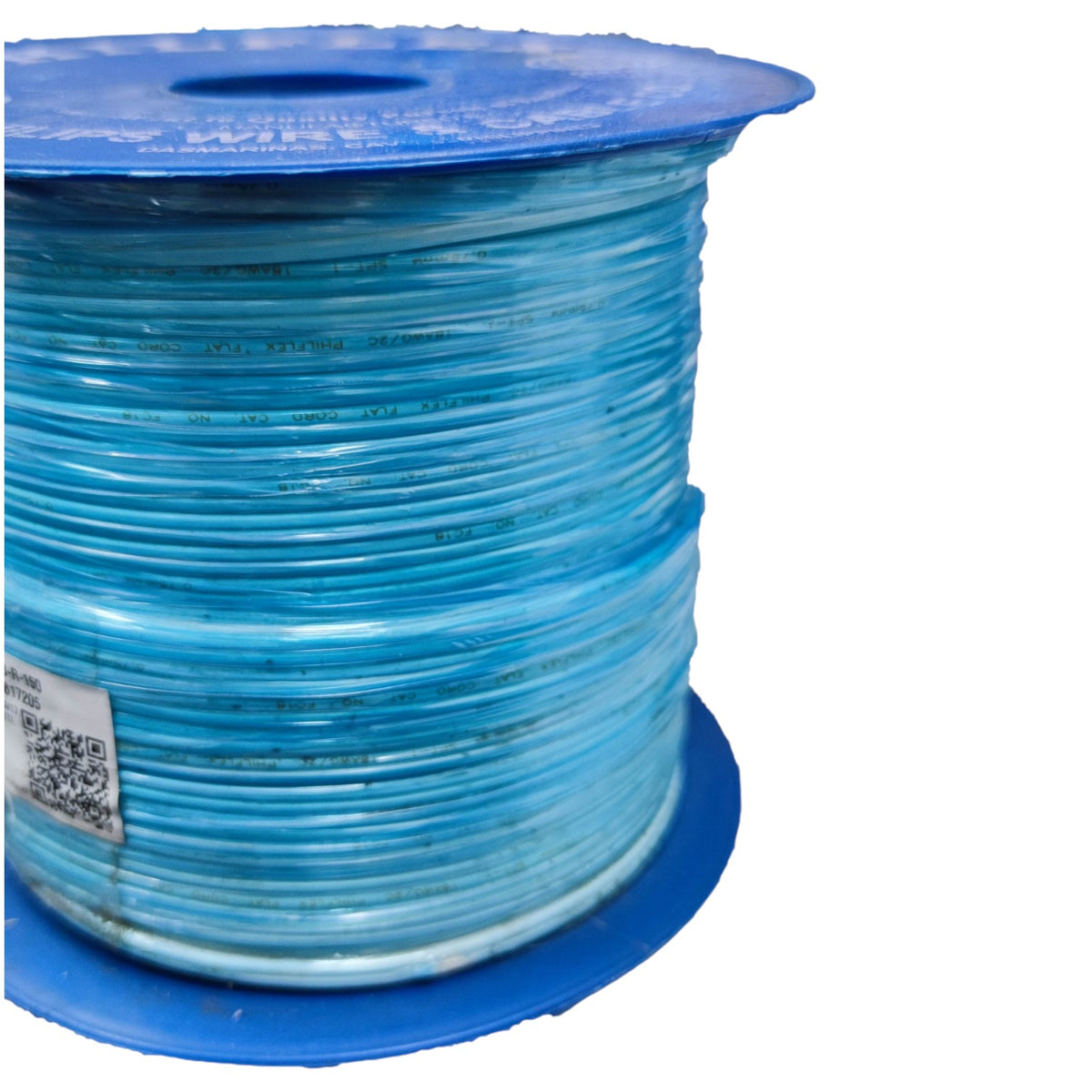 A spool of light blue electrical wire on a solid white background.