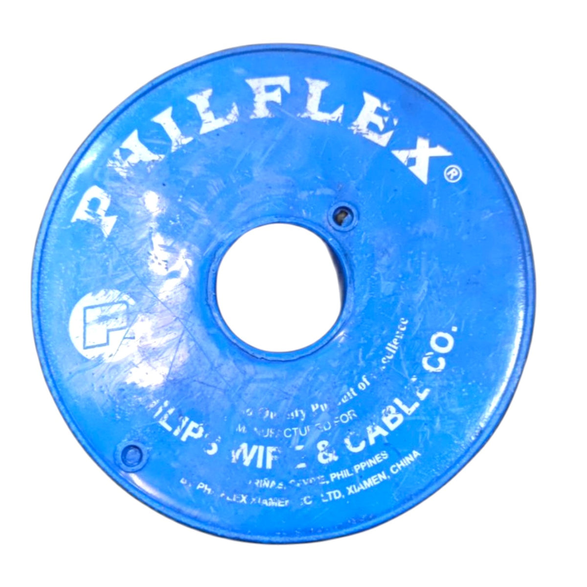 A blue circular Philflex cable reel with white printed branding and text, shown on a plain white background.