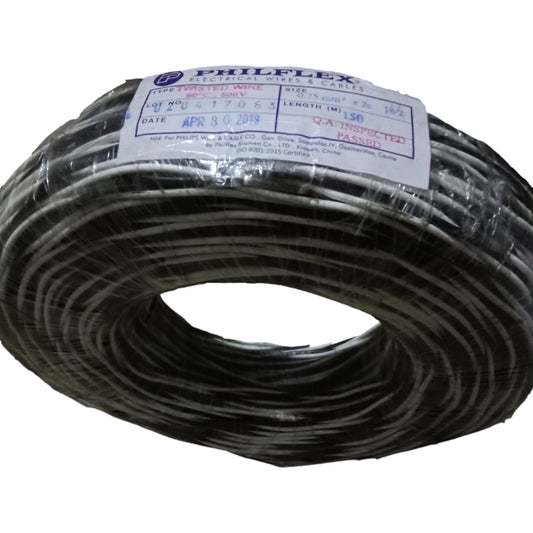 Coiled black cable with a Philflex label on a white background