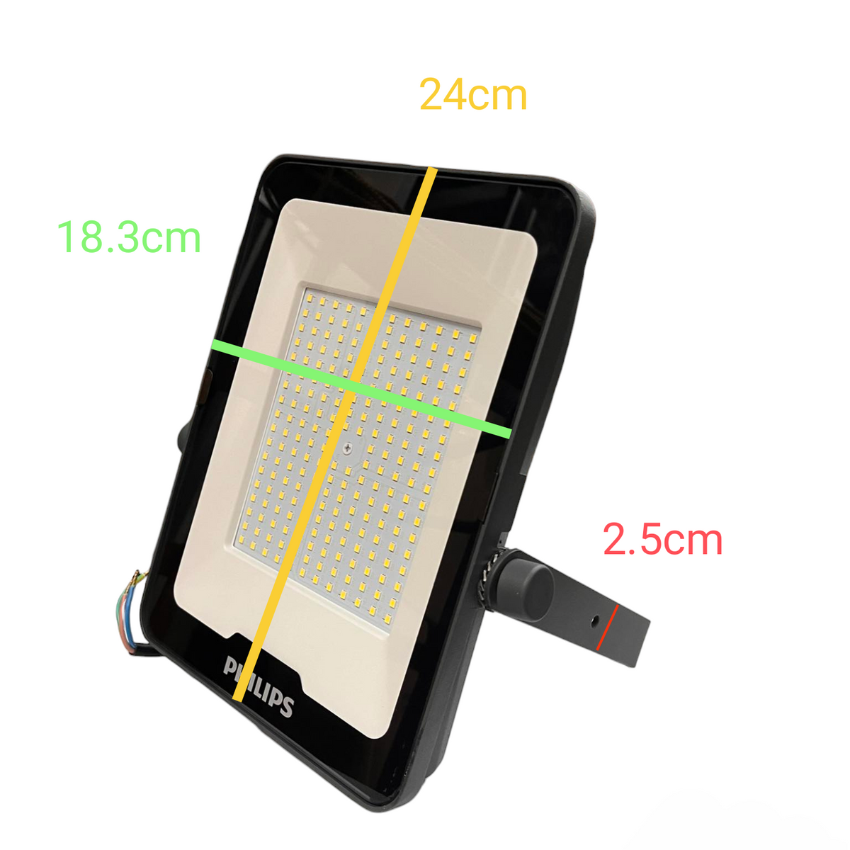 Philips flood light with measurements on a white background