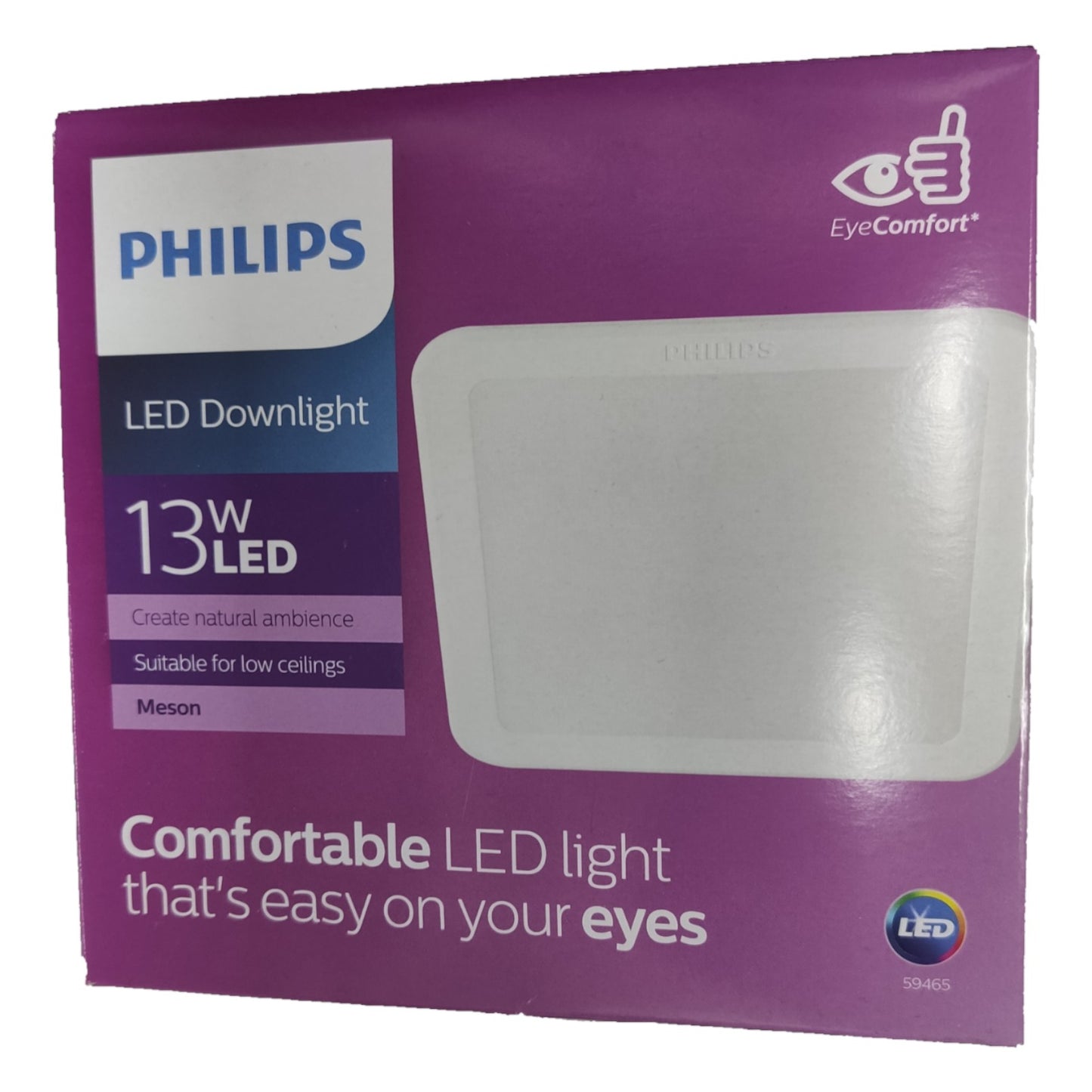 Philips LED Downlight packaging with purple background and white light fixture image.