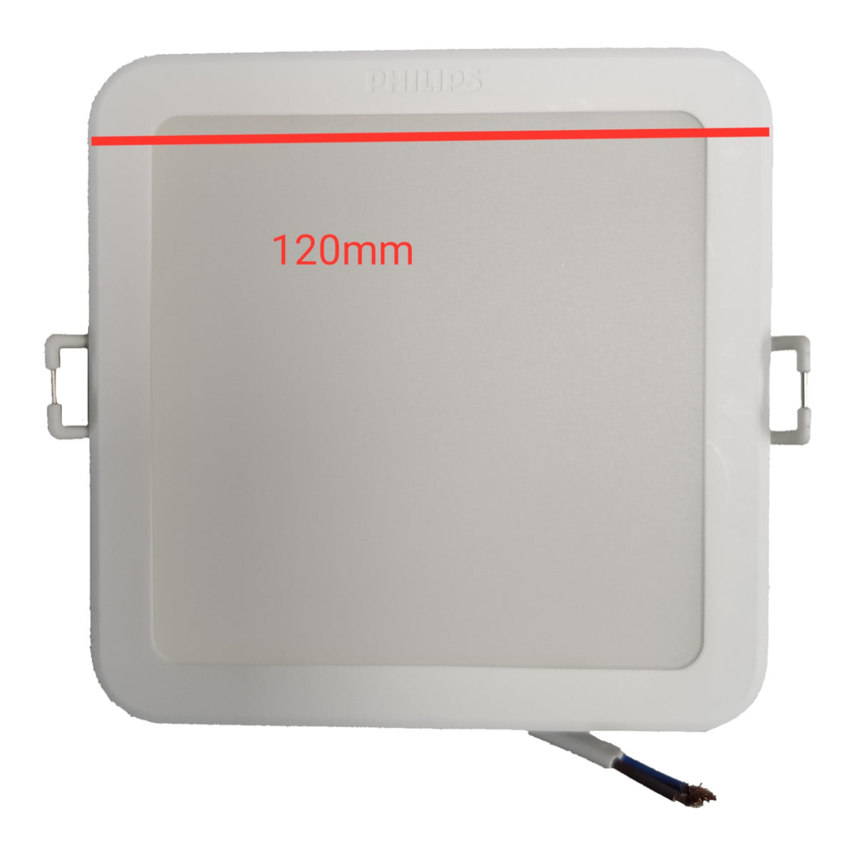 Square light fixture with '120mm' marking on a white background