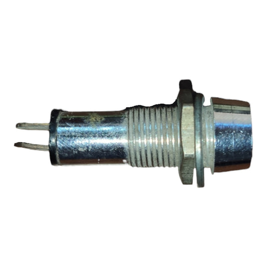 A small metallic cylindrical hardware component with two pins on one end, a threaded center section, and a hex nut, shown on a plain white background.