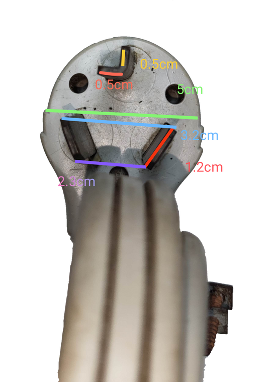 Close-up of a Power Cord L Type Ground with 2 Slant plug showing metal prongs and wiring details