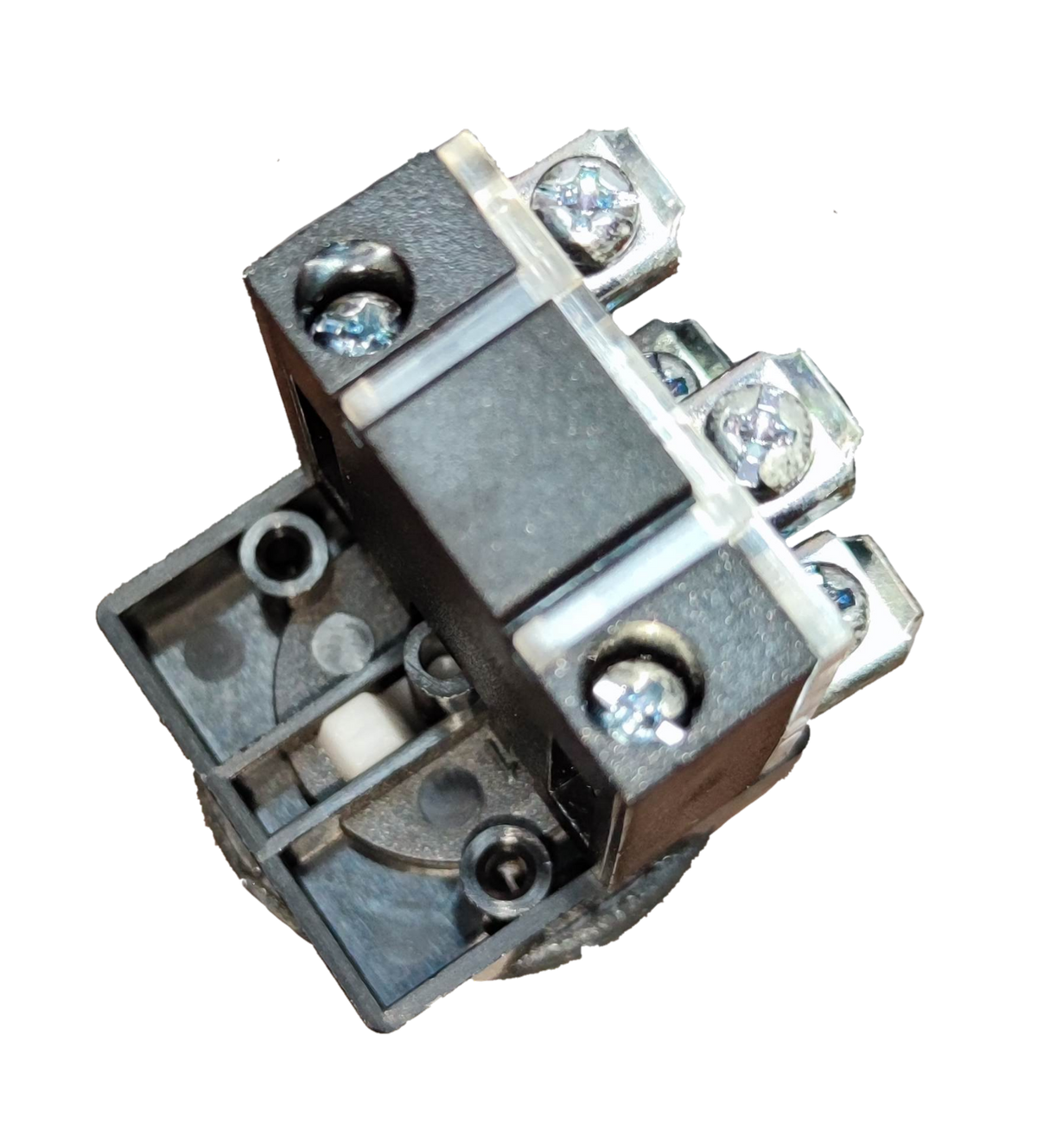 Grippes red push button switch 30mm rear view showing black housing metal screw terminals and contacts