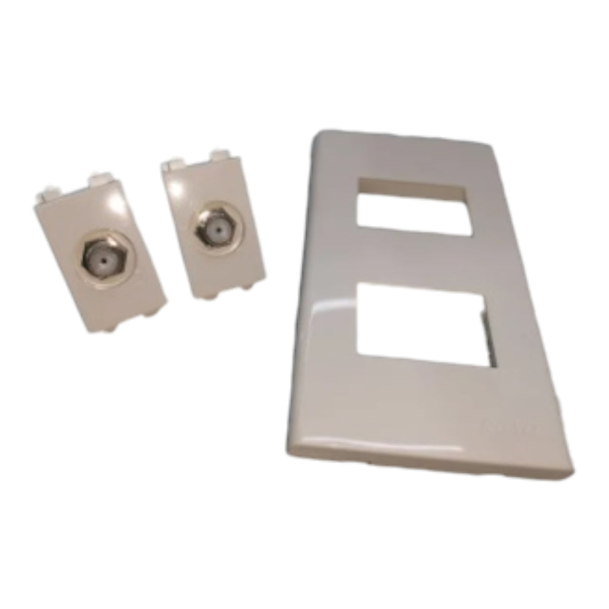 Two small beige plastic connector pieces next to a larger matching beige cover plate, shown on a plain white background.