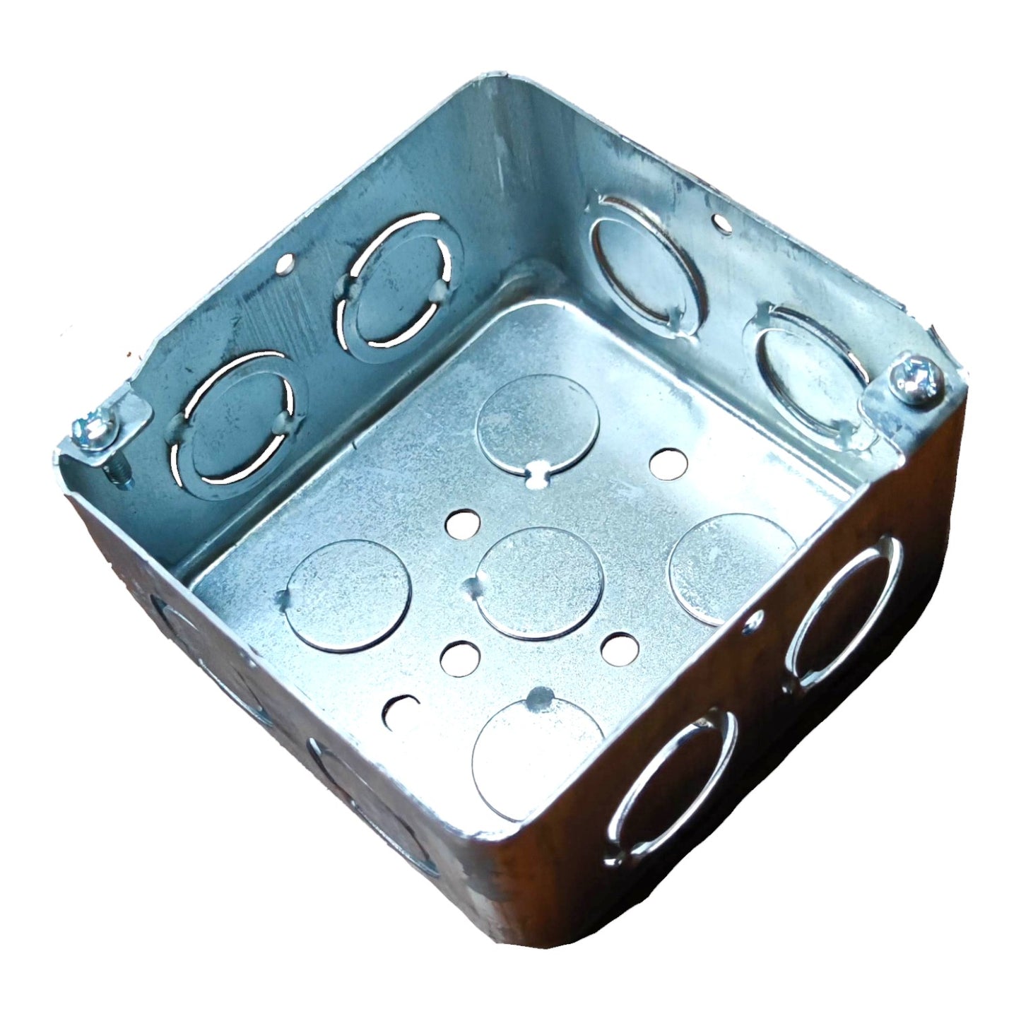 A square metal electrical junction box with circular screw terminals and mounting holes, shown on a plain white background.