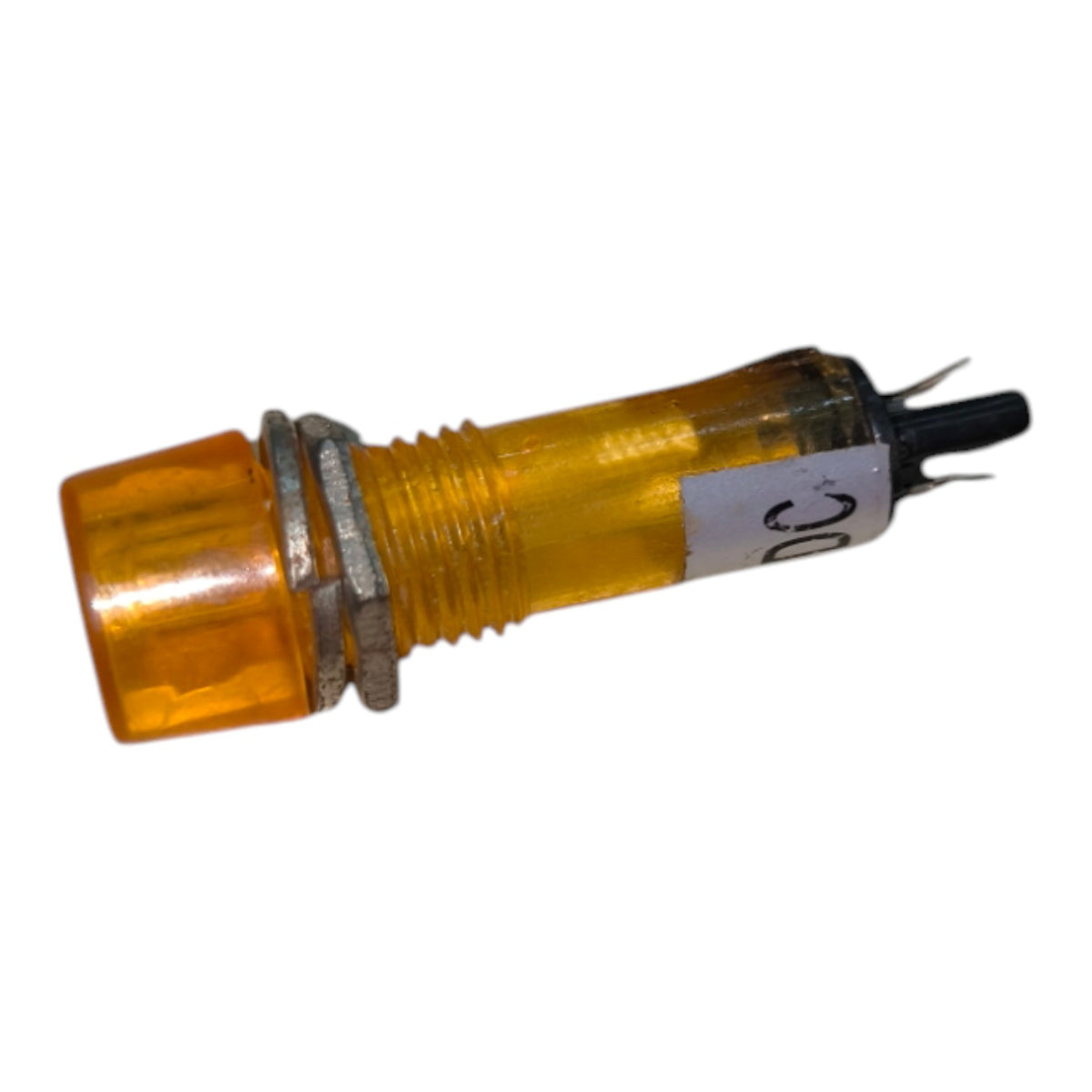 An amber translucent plastic electrical connector with a threaded metal body, a silver hex nut, and a black wire lead, shown on a plain white background.