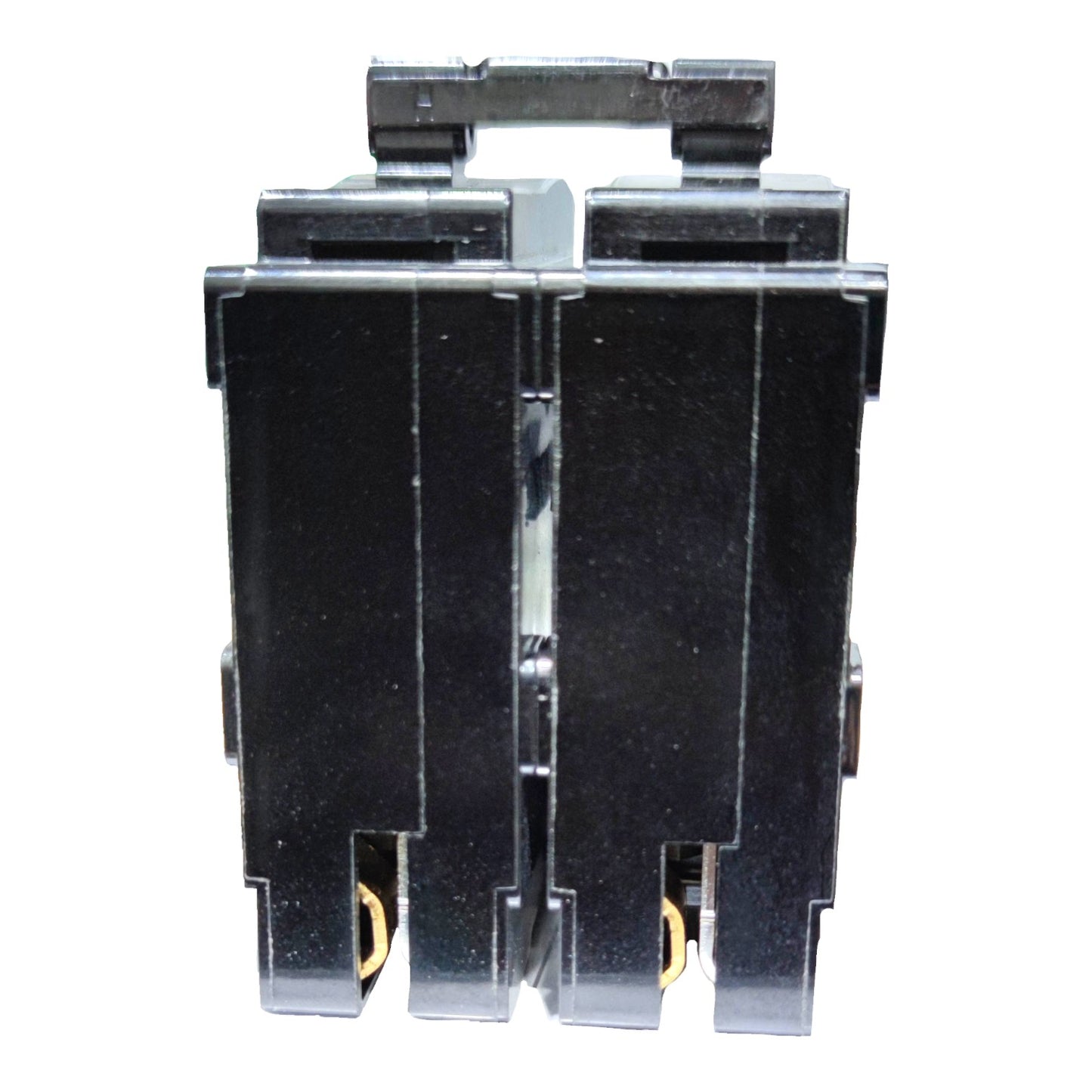 A black plastic double-gang electrical switch module with gold-colored screw terminals, shown against a plain white background.