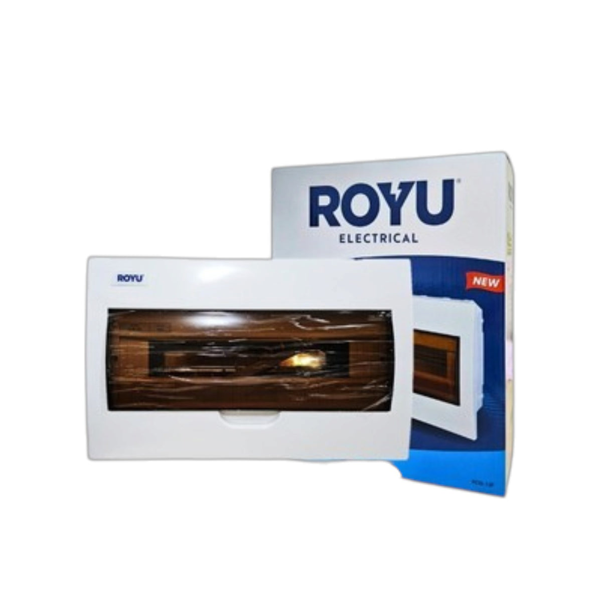 A Royu Electrical electrical socket box shown in front of its retail packaging on a plain white background.