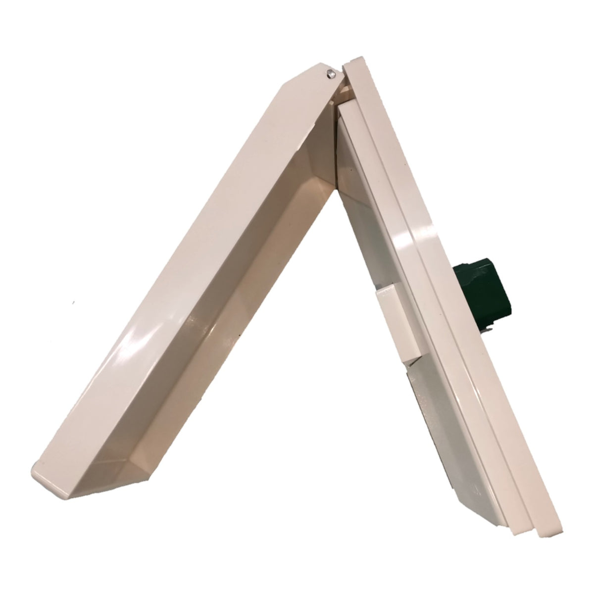 A beige plastic hinge or bracket component with a small dark green circular detail, shown on a plain white background.
