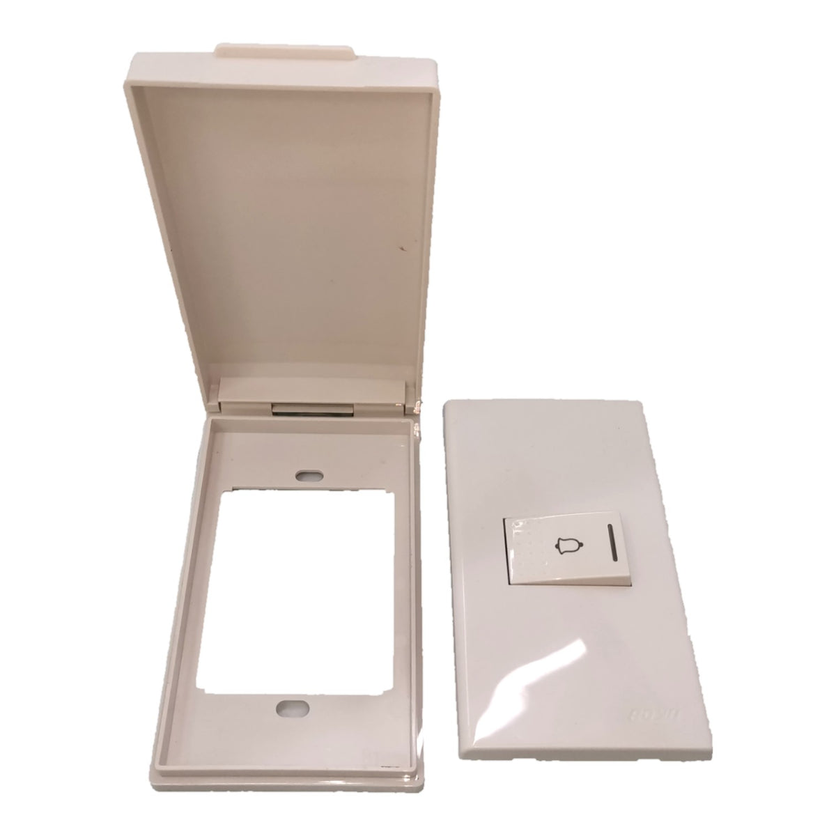 A white plastic electrical switch plate kit shown in two pieces, with one piece open to reveal the mounting socket and the other showing the single-pole switch button.