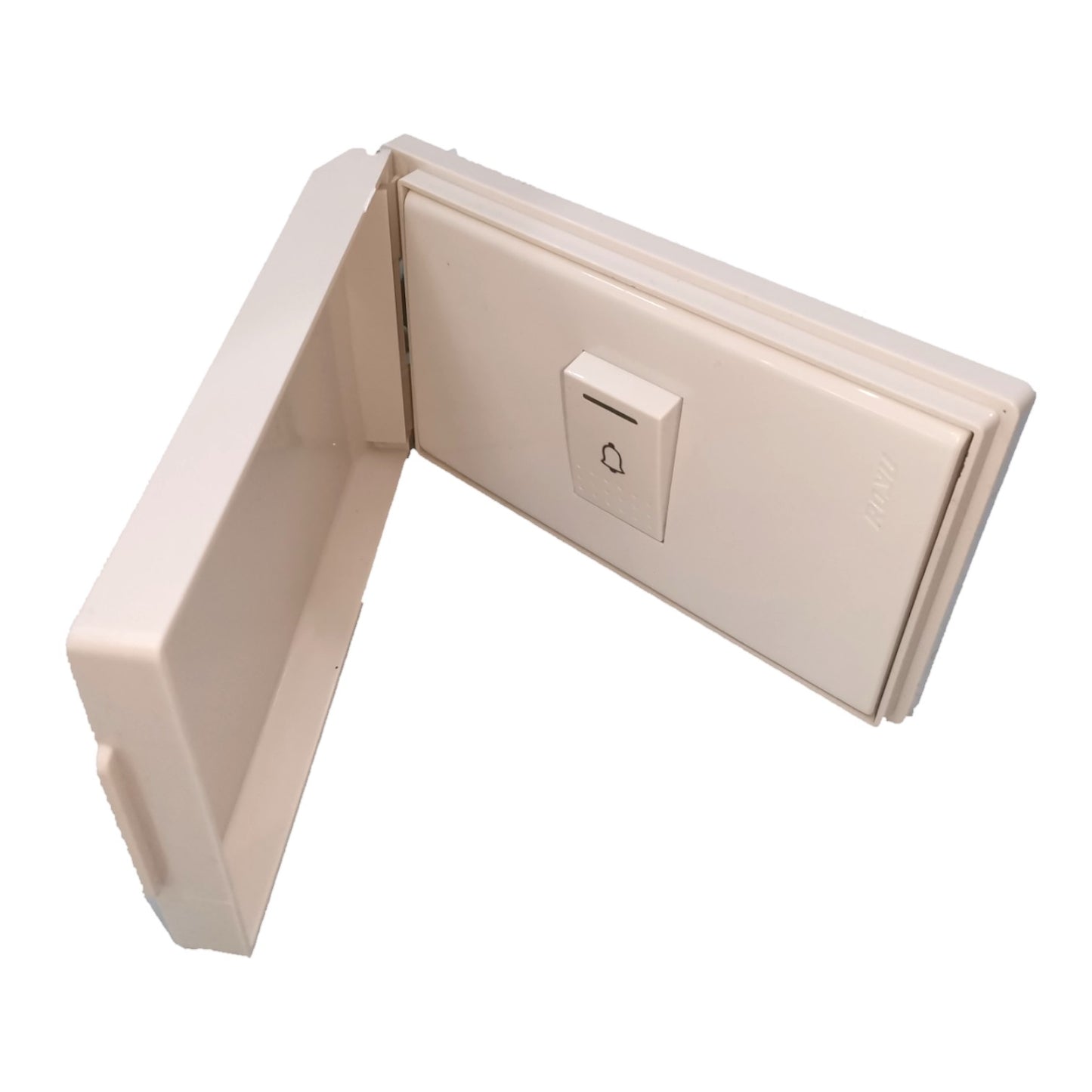 A single-toggle wall switch in a warm cream or off-white plastic housing, shown with its front cover swung open to the left against a plain white background.
